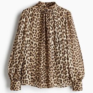H&M Animal Leopard Print Long Sleeve Blouse Top Gold Button XS Office Glam Party